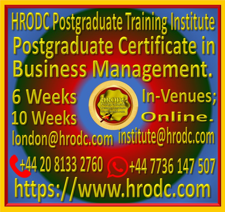 Graphics relating to our Institute’s Name, Award Name, Duration, In-Venues and Online, (with contact details) of a Postgraduate Certificate Programme, offered by HRODC Postgraduate Training Institute, A Postgraduate-Only Institution https://www.hrodc.com.