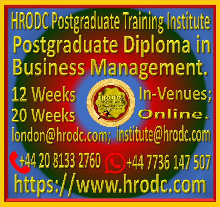 Graphics relating to our Institute’s Name, Award Name, Duration, In-Venues and Online, (with contact details) of a Postgraduate Diploma Programme, offered by HRODC Postgraduate Training Institute, A Postgraduate-Only Institution https://www.hrodc.com.