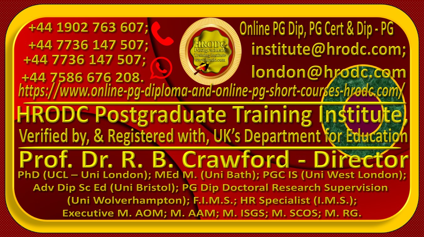 Header Graphics outlining details of for the online web version of HRODC Postgraduate Training Institute, A Postgraduate-Only Institution (https://www.online-pg-diploma-and-online-pg-short-courses-hrodc.com/), with contact details and hyperlink